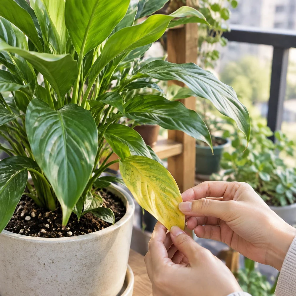A hand checking a peace lily leaf during a quiet care moment