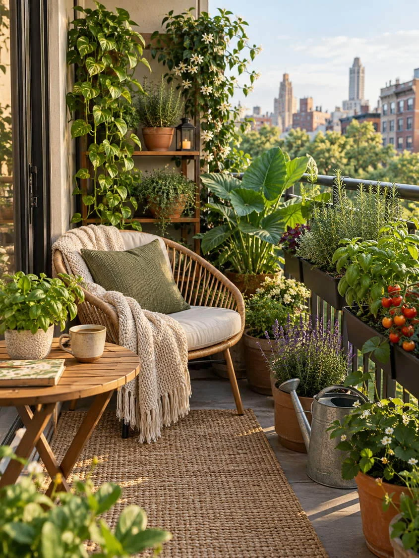 A peaceful balcony garden with a chair, terracotta pots and flourishing plants