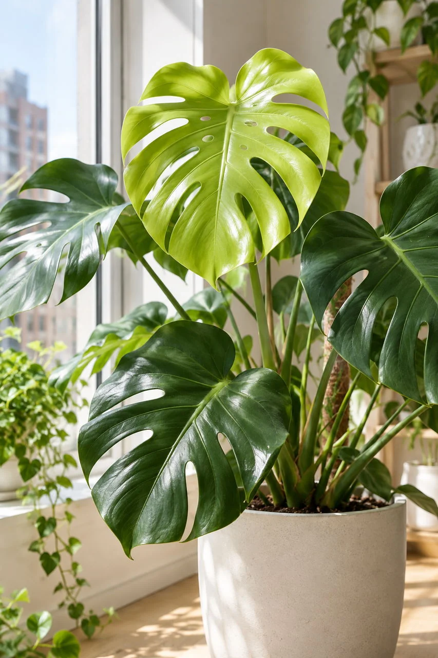 Fresh monstera leaves catching soft morning light