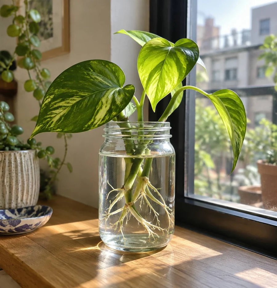 New roots growing from a pothos cutting in a glass jar