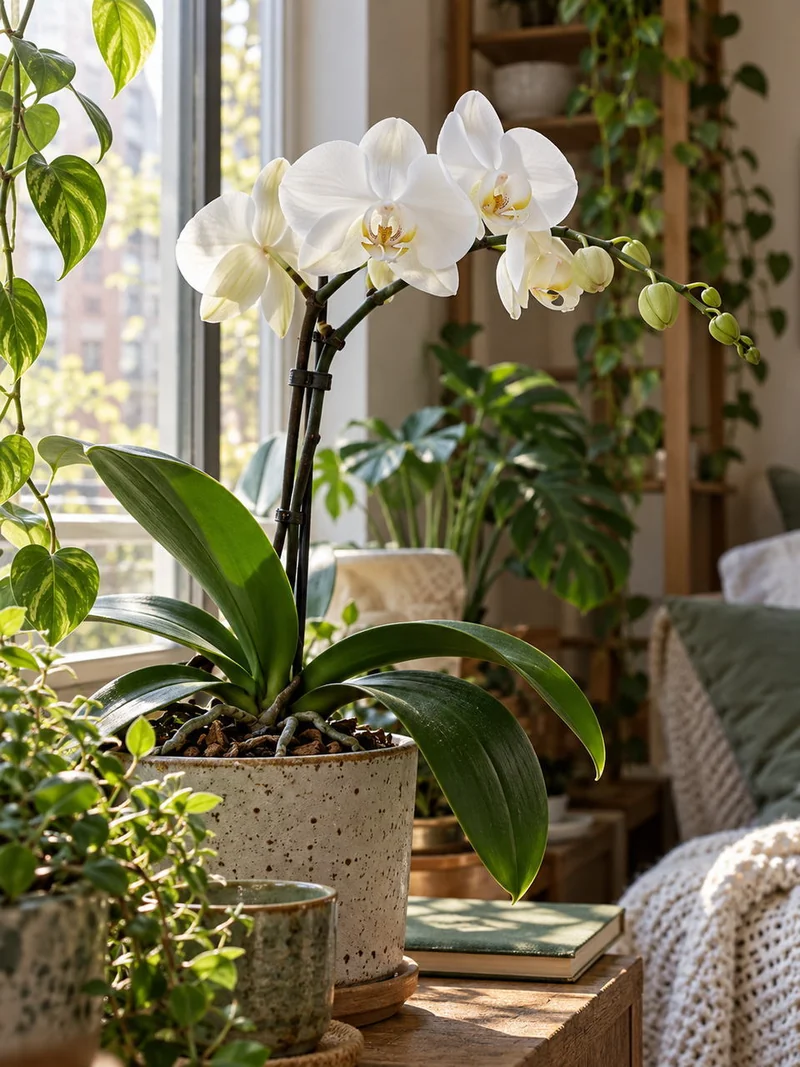 An orchid in a softly lit home