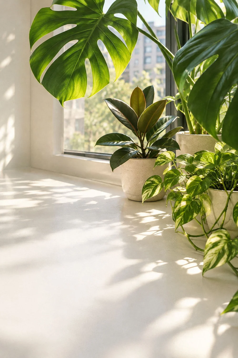 Sunlight falling across leafy houseplants on a warm windowsill