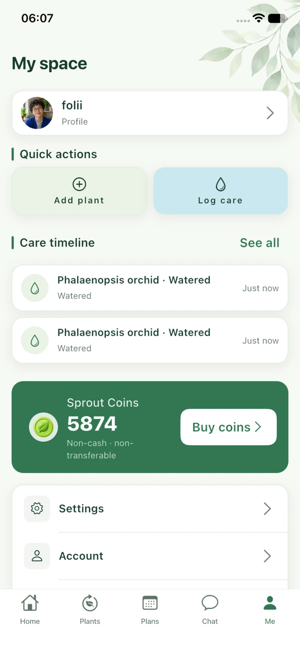 Folii My space with care entries and account settings