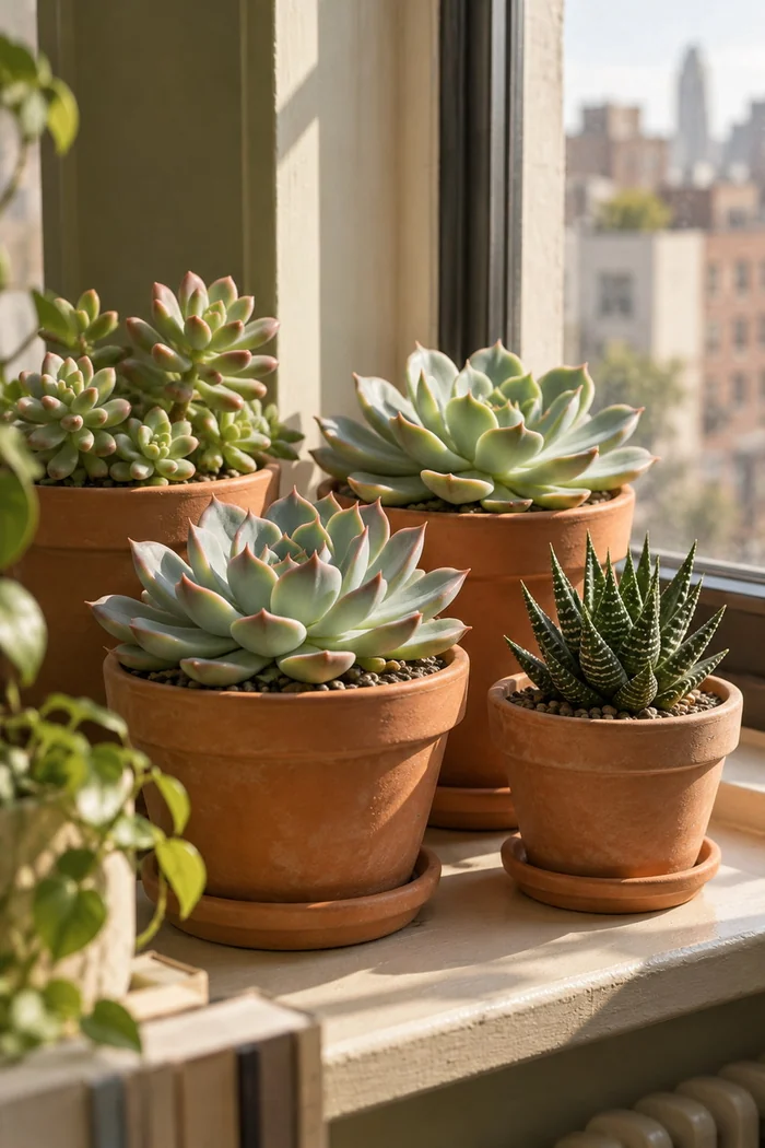 A small collection of succulents in terracotta pots